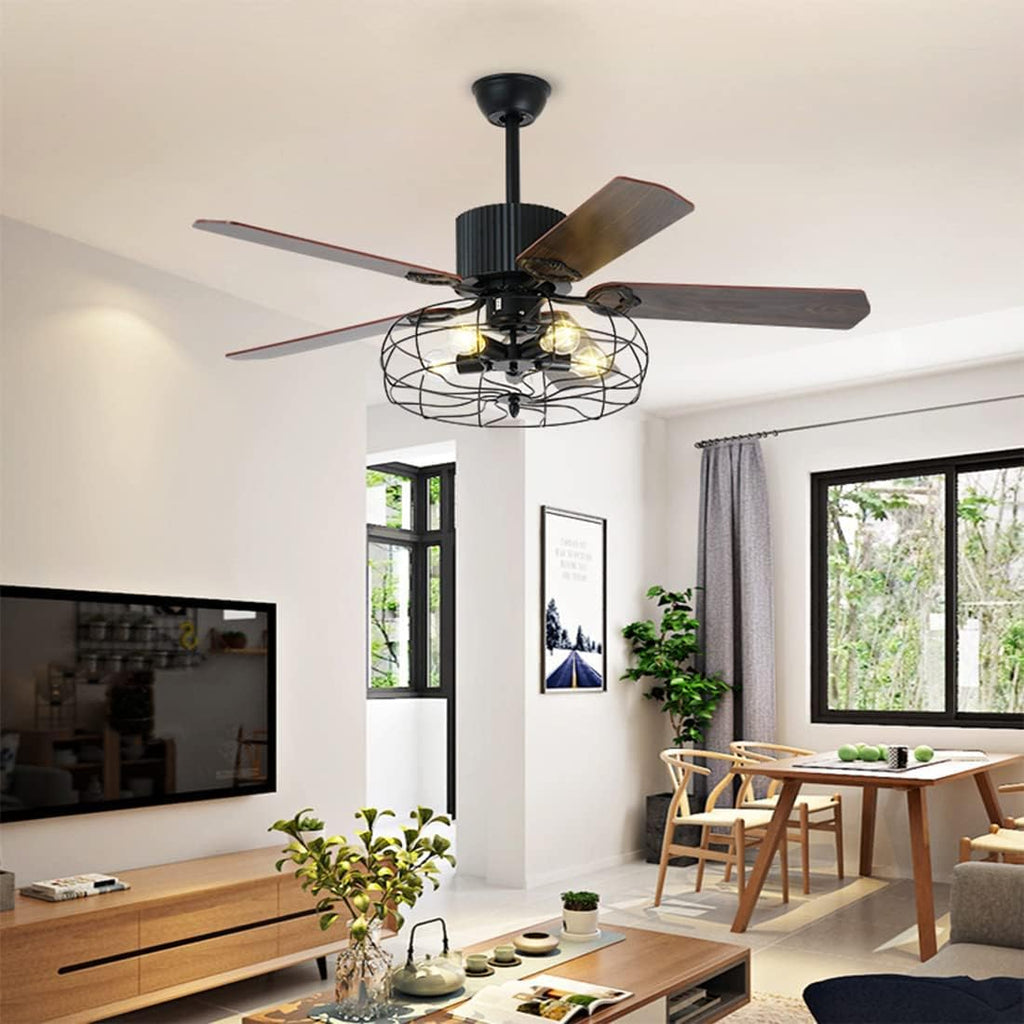 Black Industrial Ceiling Fan with Light and Remote, 5 Wood Blades, 5-Lights E26 R1419