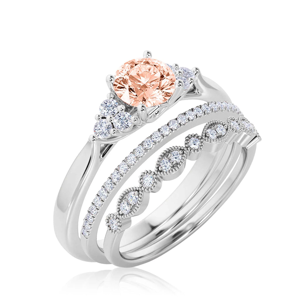 2.25 Carat Round Cut Morganite And Diamond Moissanite Engagement Ring in 10k Solid White Gold W448
