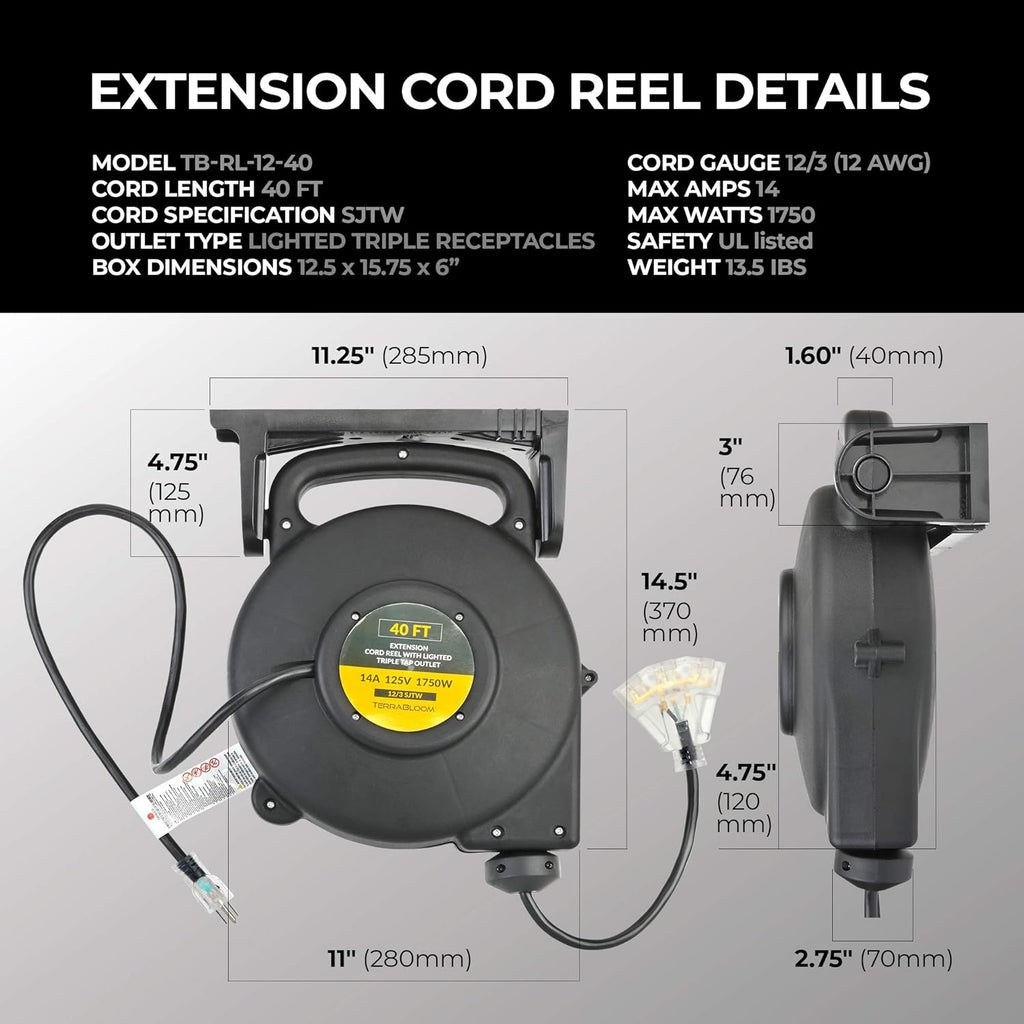 45 Ft Retractable Extension Cord Reel with 3 Electrical Outlets Heavy Duty Yellow Case Black Cable K742