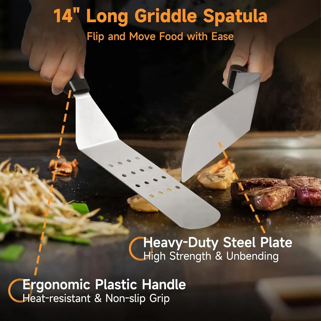 7 Pcs Griddle Accessory Set with Heat-Resistant Spatulas, Scraper, Squeeze Bottles, Egg Rings V8477