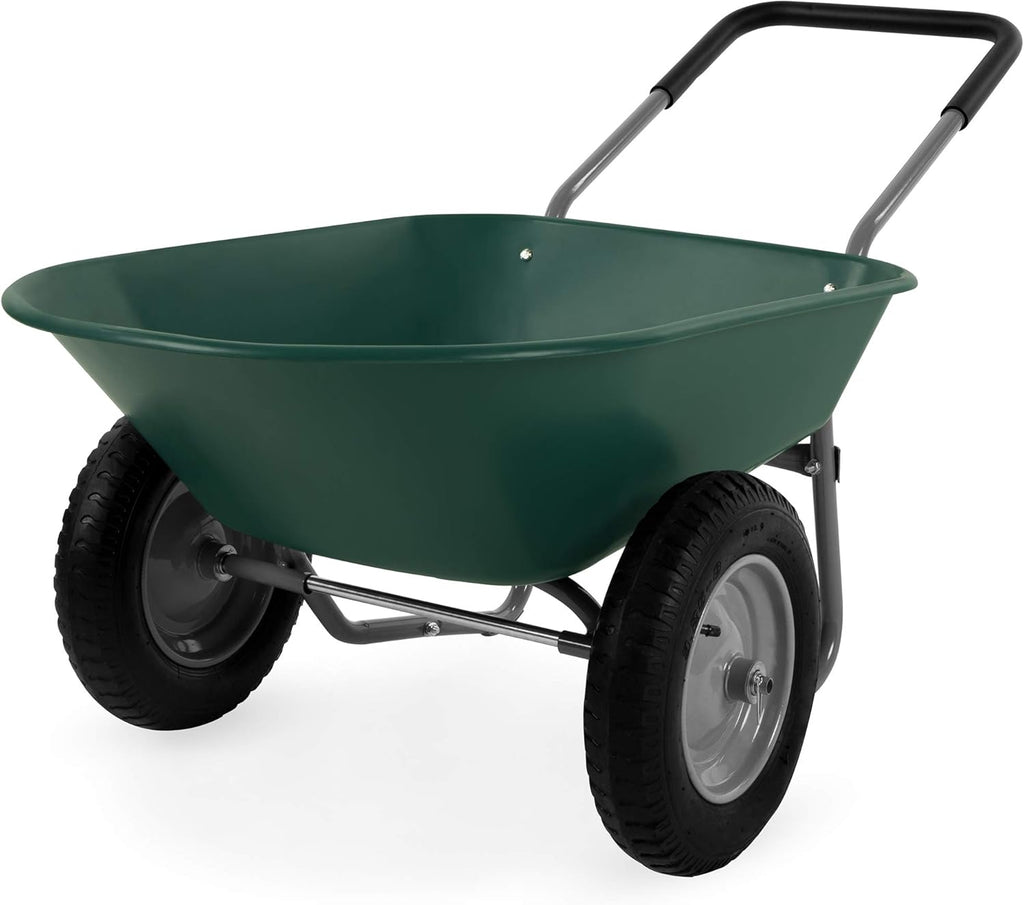 Green Dual-Wheel Utility Wheelbarrow Garden Cart with Built-in Stand B916