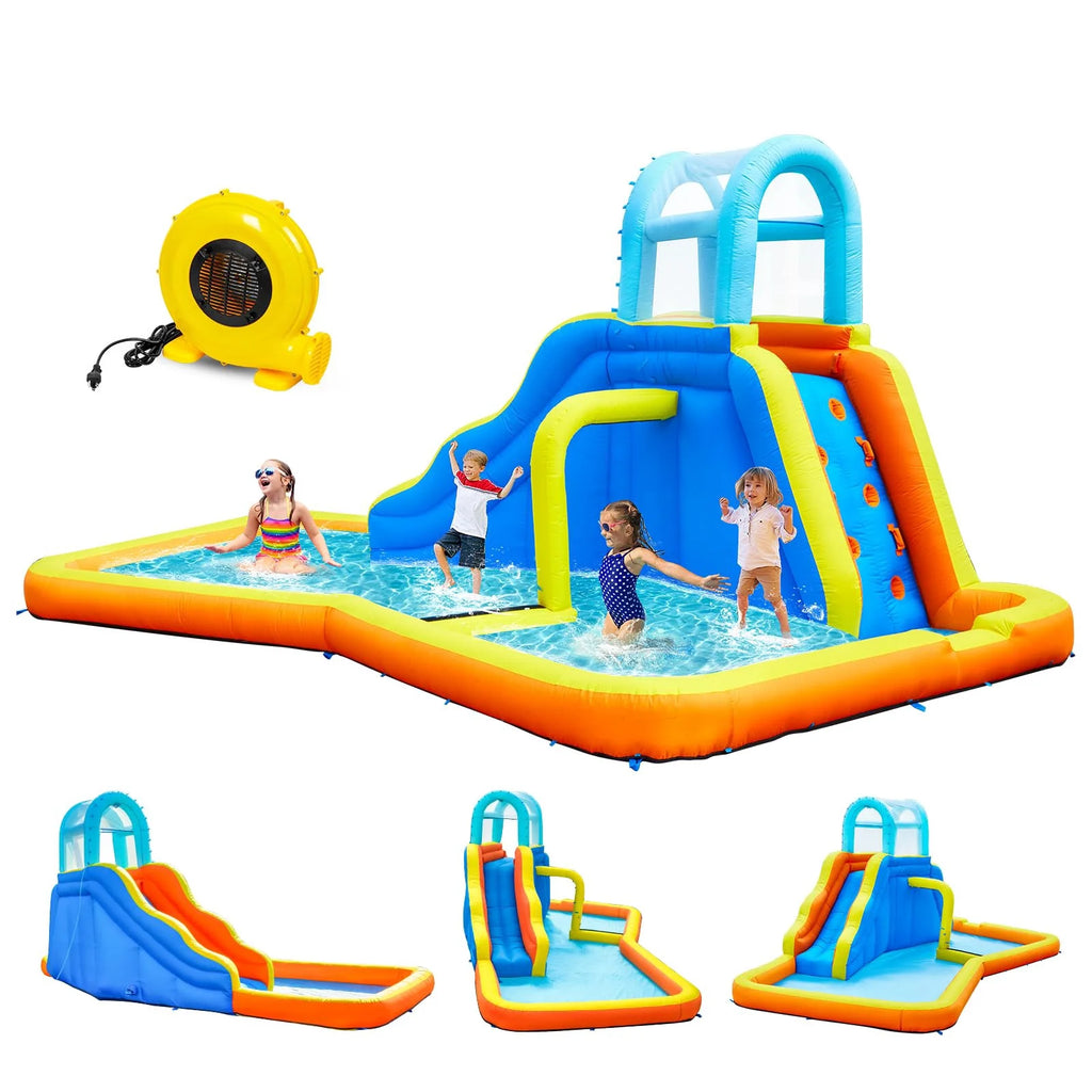 Inflatable Water Slide Park with Spray Pool, Bounce House with Climbing Wall and Blower X738