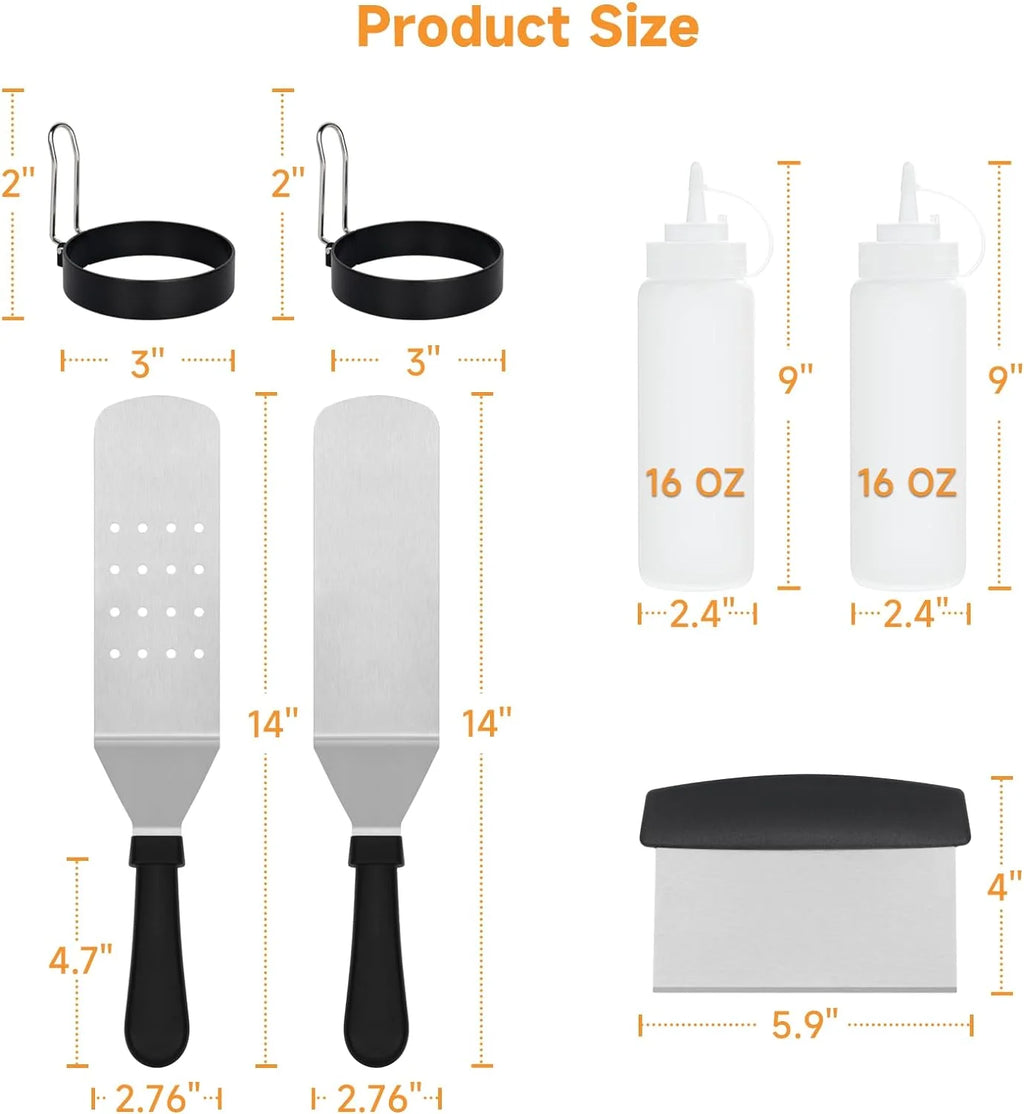 7 Pcs Griddle Accessory Set with Heat-Resistant Spatulas, Scraper, Squeeze Bottles, Egg Rings V8477
