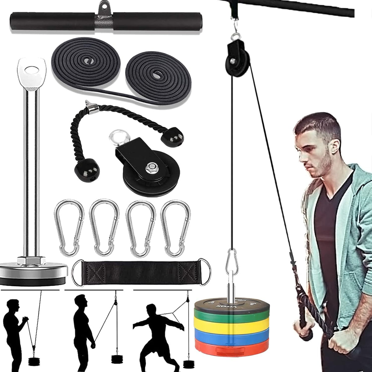 Weight Cable Pulley System Home Gym Equipment Upgraded Fitness LAT Pull Down, Biceps Curl, Back, Forearm, Shoulder Pack of 2 O6417