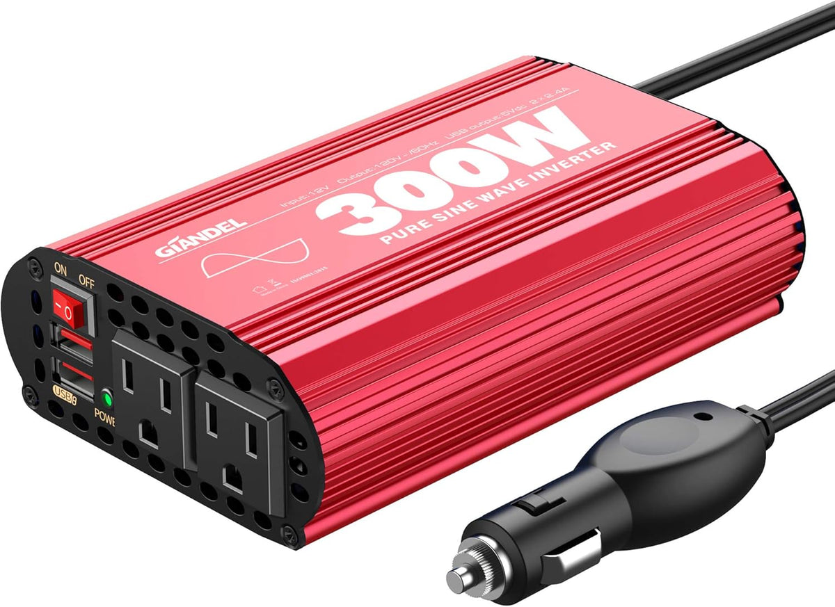 300Watt Pure Sine Wave Power Inverter 12V DC to 120V AC with 4.8A Dual USB and 2 AC Outlets B8877