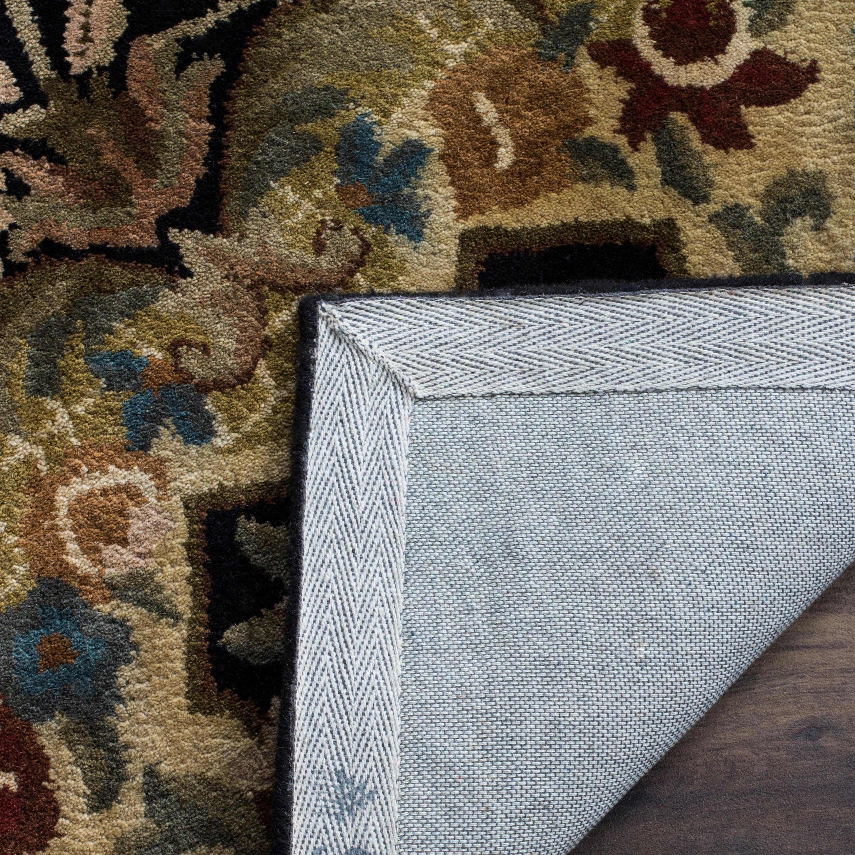 Floral Bordered Wool Area Rug, Black/Gold, 7'6" x 9'6" F2042