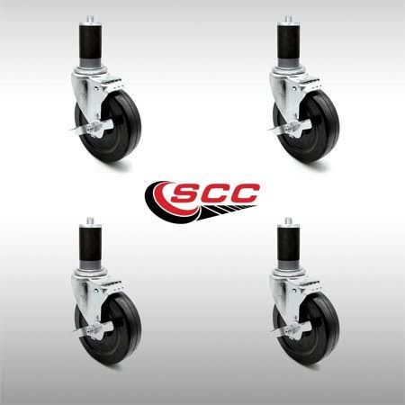Stainless Steel 5 x 1.25 inch Hard Rubber Wheel Swivel Casters with Expanding Stem with Brake, Set of 4 H5489