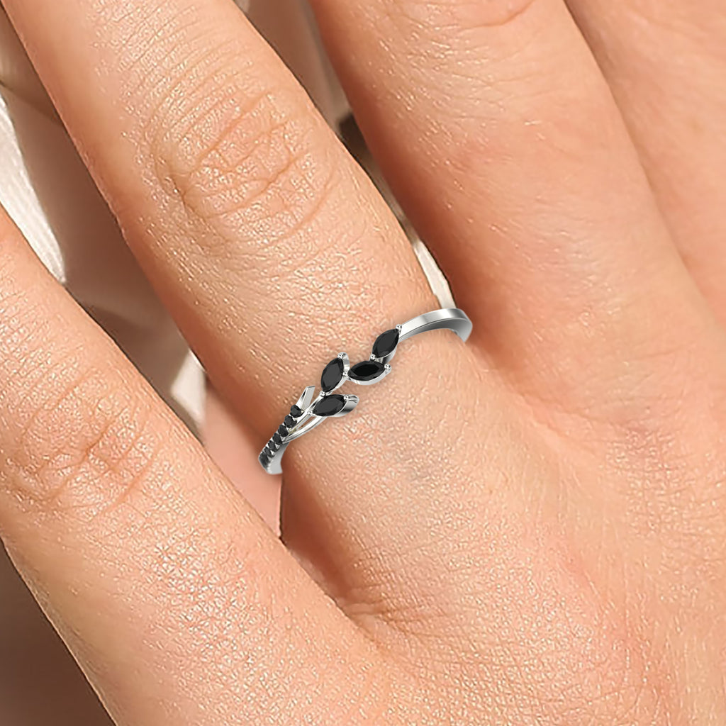 18K White Gold Over Silver Marquise Cut Black Diamond Moissanite Wedding Band B947