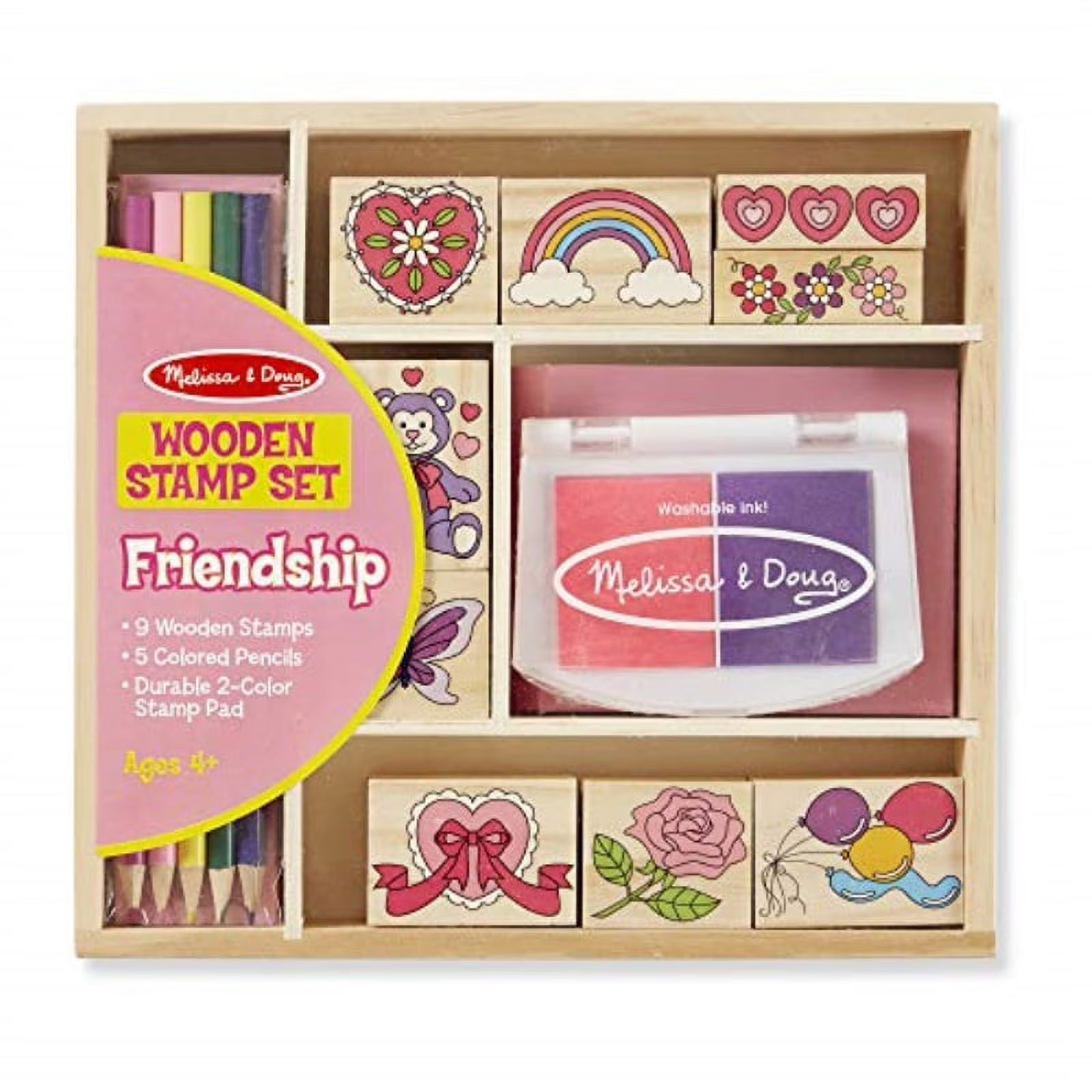 Wooden Stamp Set with 9 Stamps, 5 Colored Pencils, and 2-Color Stamp Pad C316561