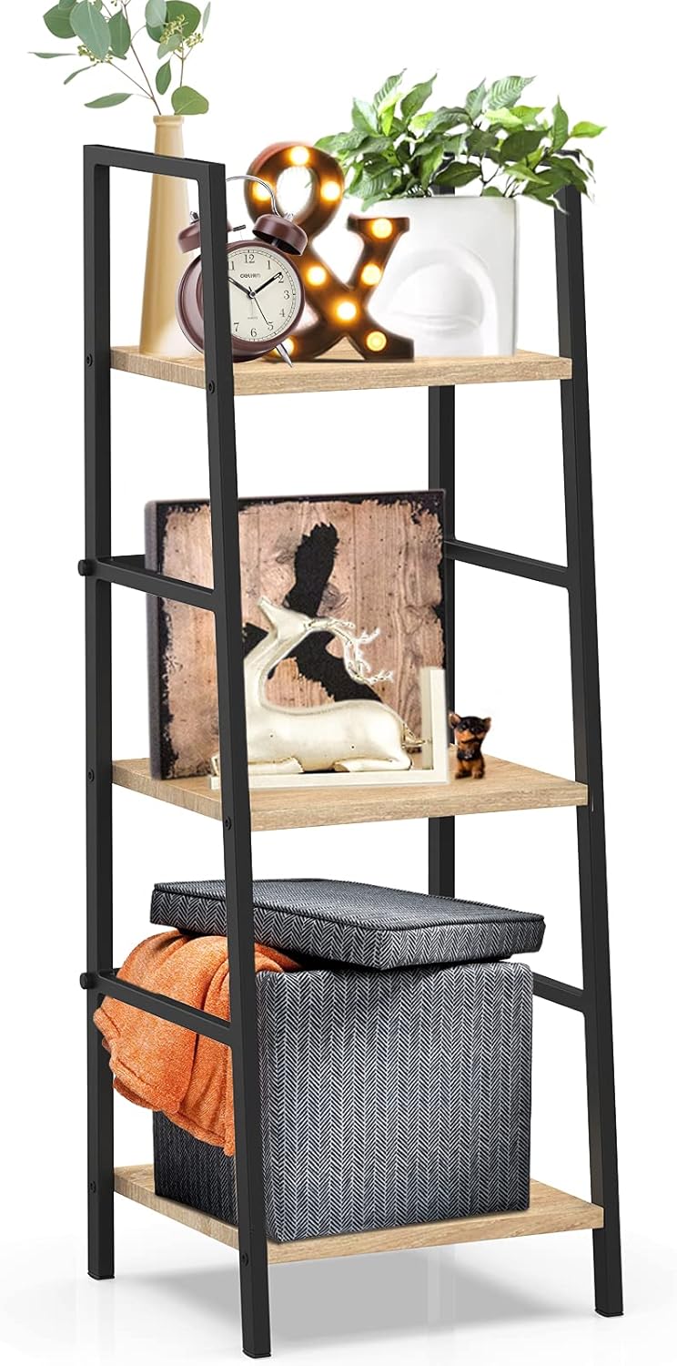 5-Tier Rustic Wood and Metal Ladder Shelf Bookcase W84449