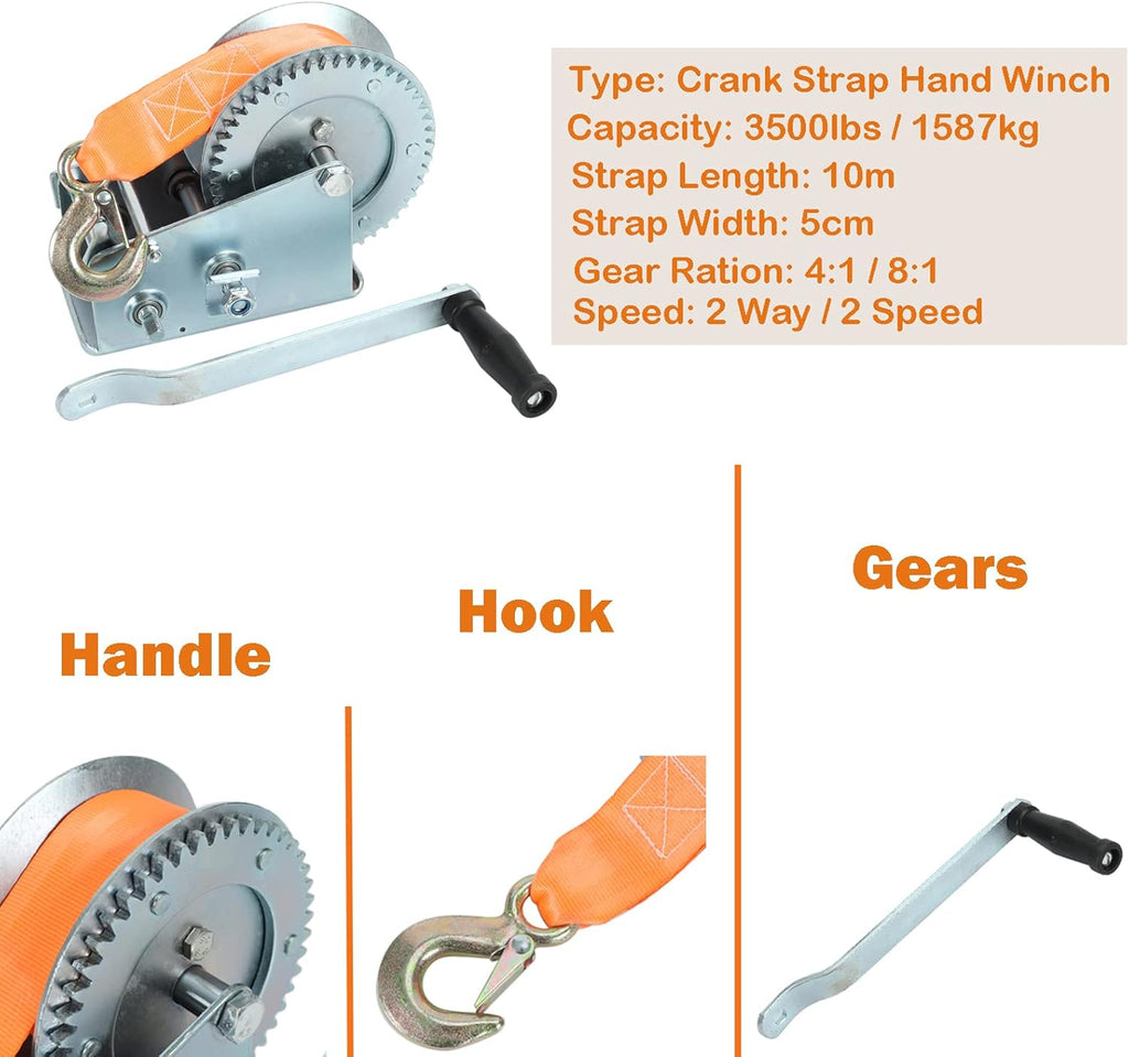 3500lbs Dual Gear Hand Winch Polyester Strap Pack of 2 C330
