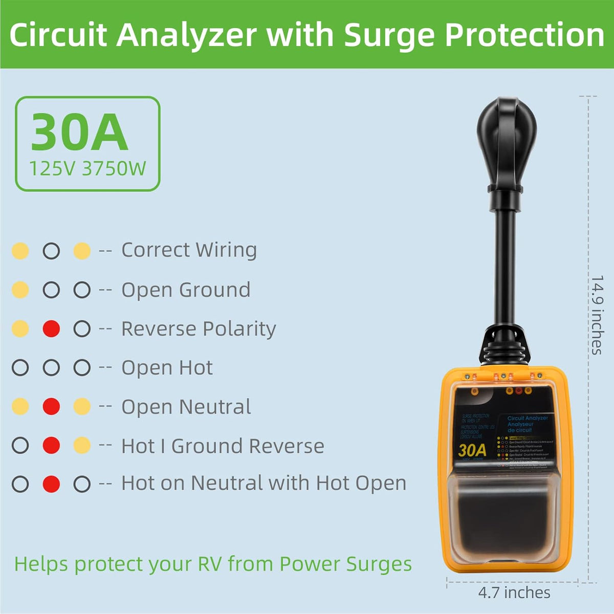 RV Surge Protector 30 Amp with Waterproof Cover, 1.5ft, Pack of 2 F6107