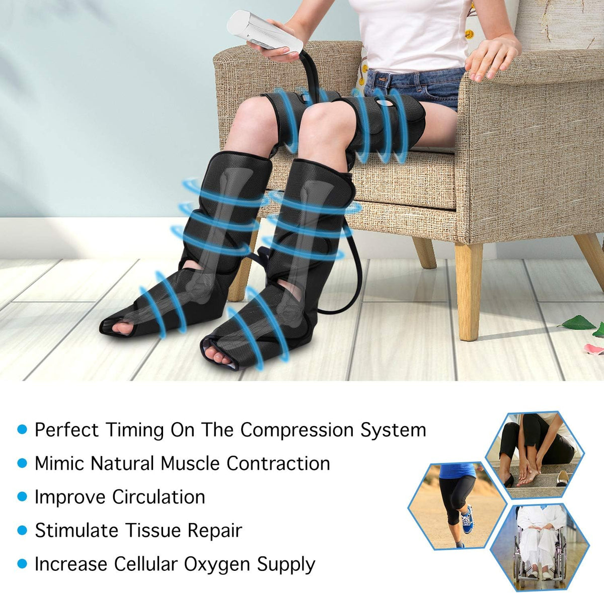 Leg Air Compression Massager with Portable Handheld Controller, 3 Modes & 3 Intensities (Black) A2205