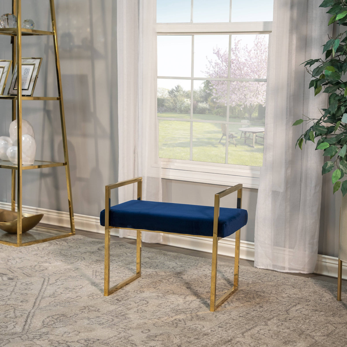 Navy/Gold Velveteen Bench with Handles Y650