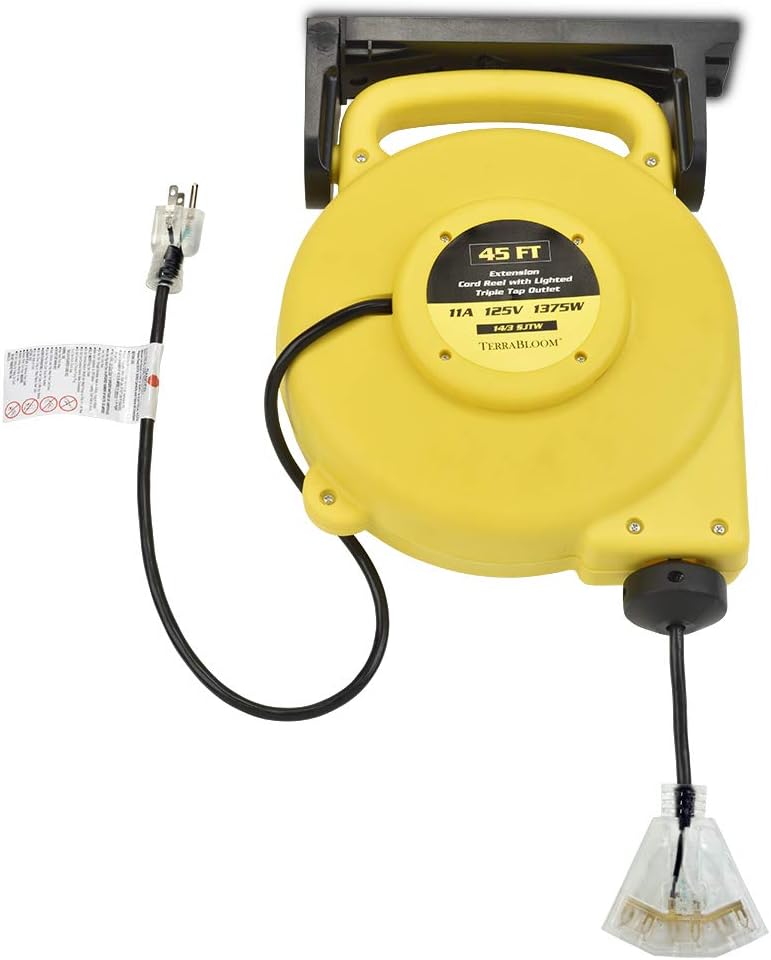 45 Ft Retractable Extension Cord Reel with 3 Electrical Outlets Heavy Duty Yellow Case Black Cable K742
