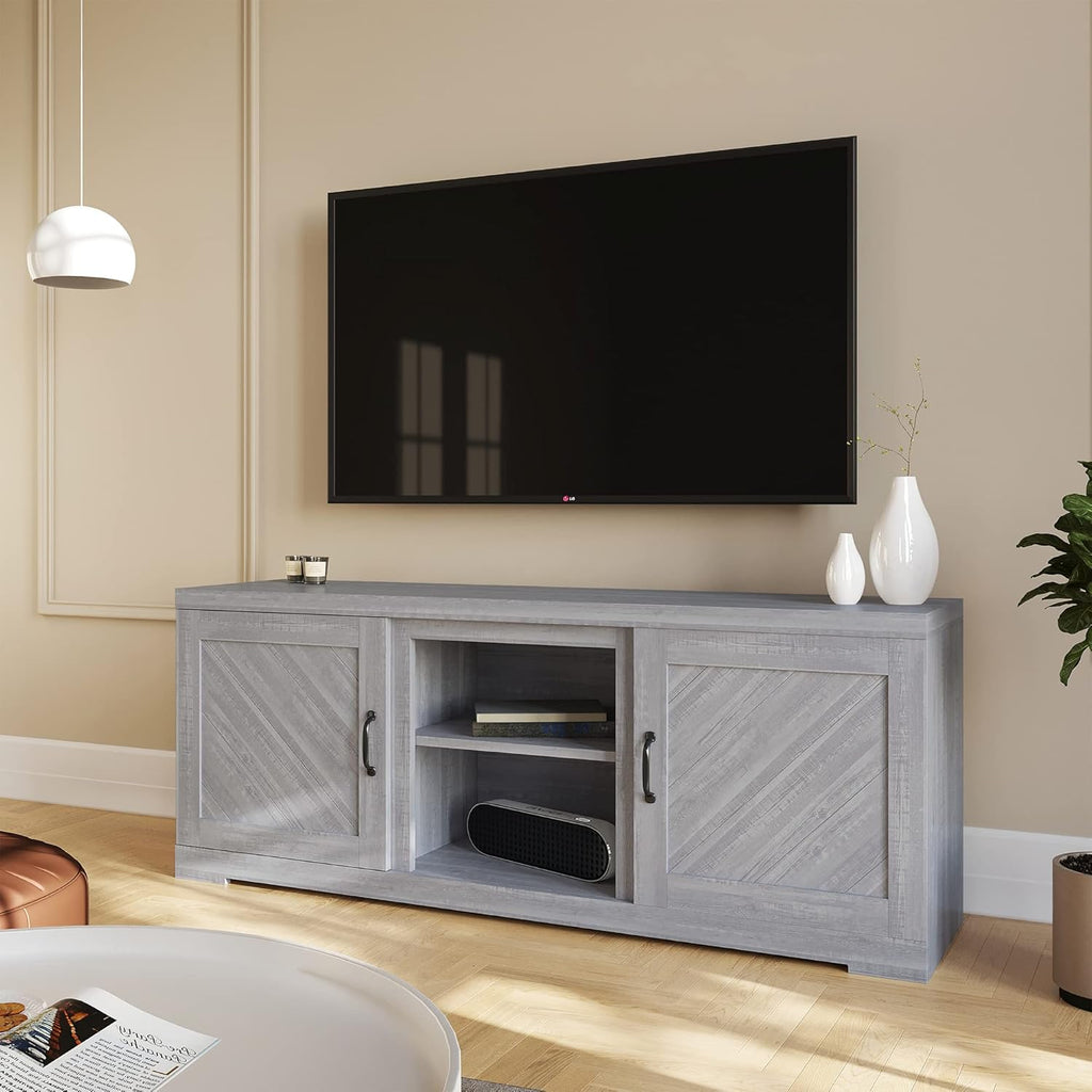 Gray Wash TV Stand with Two Shelves and Storage Cabinets D52188