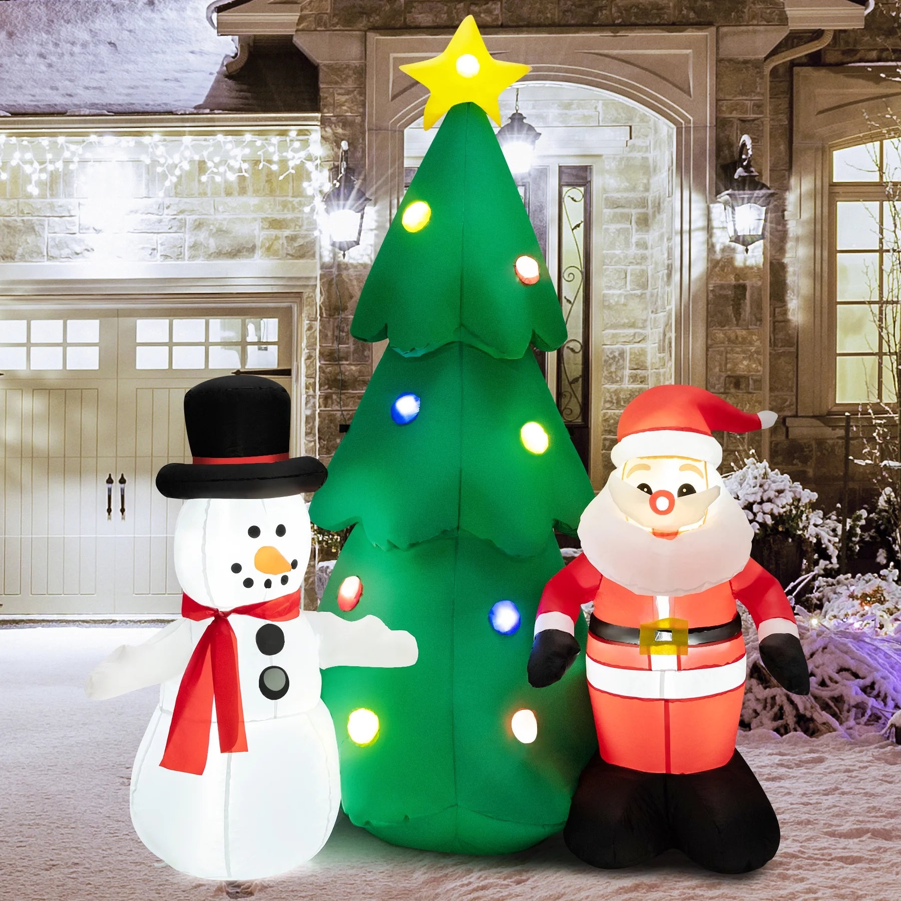 6FT Inflatable Christmas Tree & Santa Claus w/ LEDs & Air Blower Yard Decoration J2250