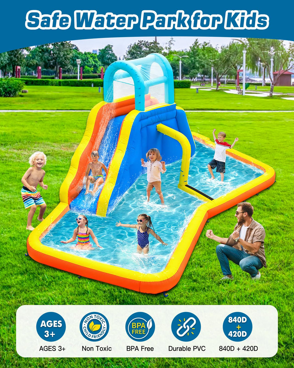 Inflatable Water Slide Park with Spray Pool, Bounce House with Climbing Wall and Blower X738