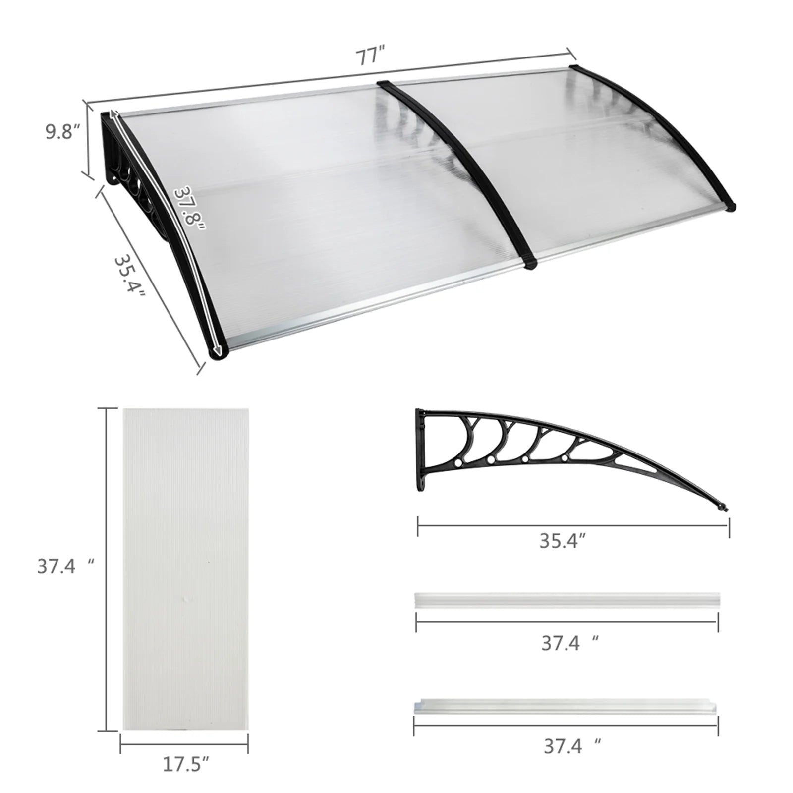 200 x 100 Clear Polycarbonate Rain Cover Eaves with Black ABS Bracket L98962