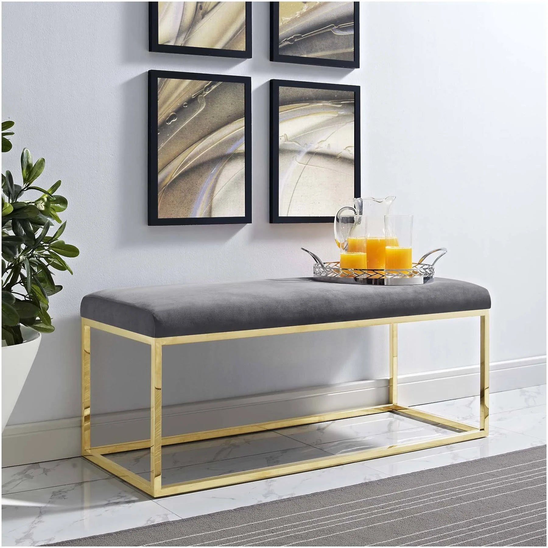 Gold Gray Fabric Bench M87423