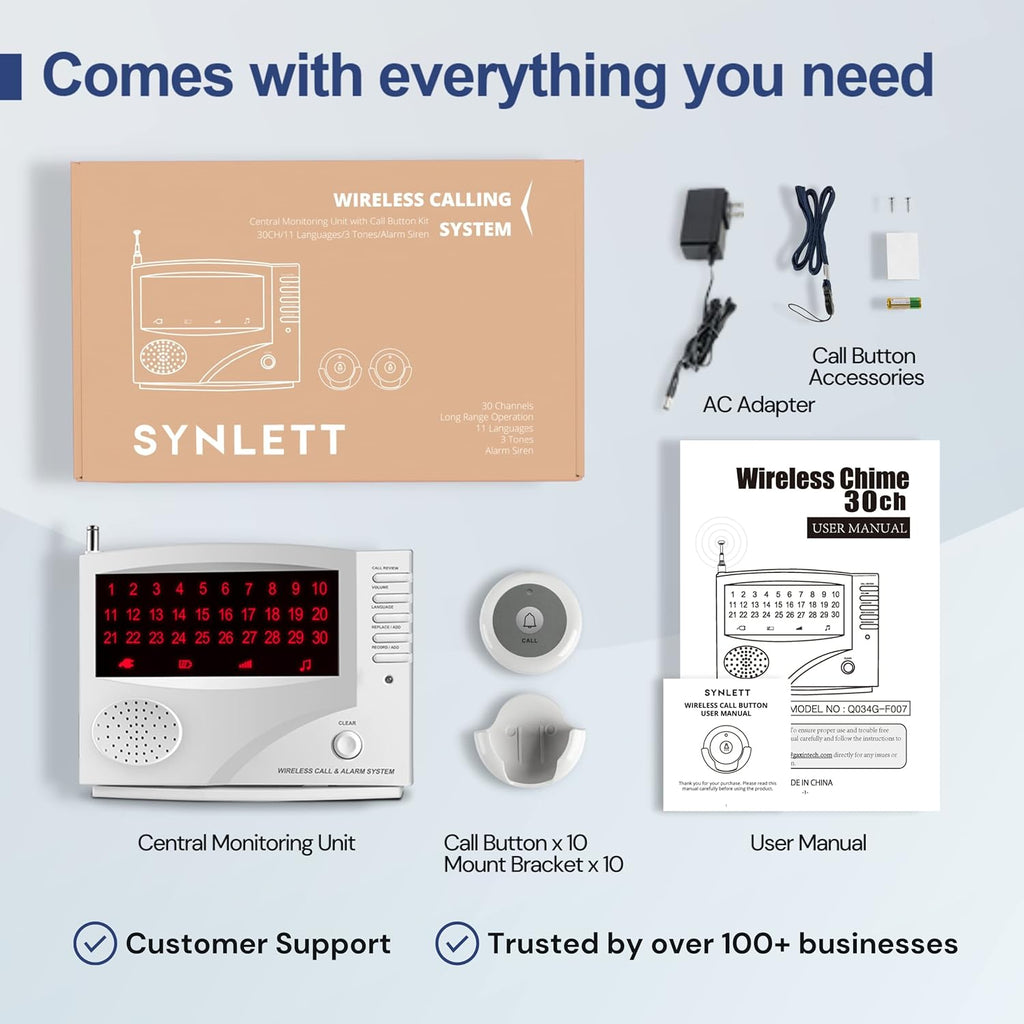 Wireless Calling System, 10 Waterproof Call Buttons with 1 Monitoring Unit, White W887293