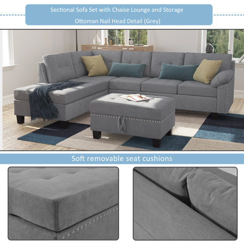 Grey Sectional Sofa Set with Chaise Lounge and Storage Ottoman Q3259