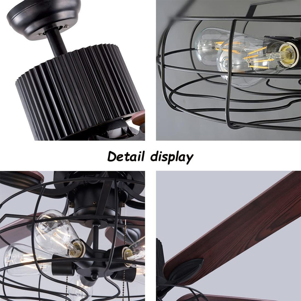Black Industrial Ceiling Fan with Light and Remote, 5 Wood Blades, 5-Lights E26 R1419