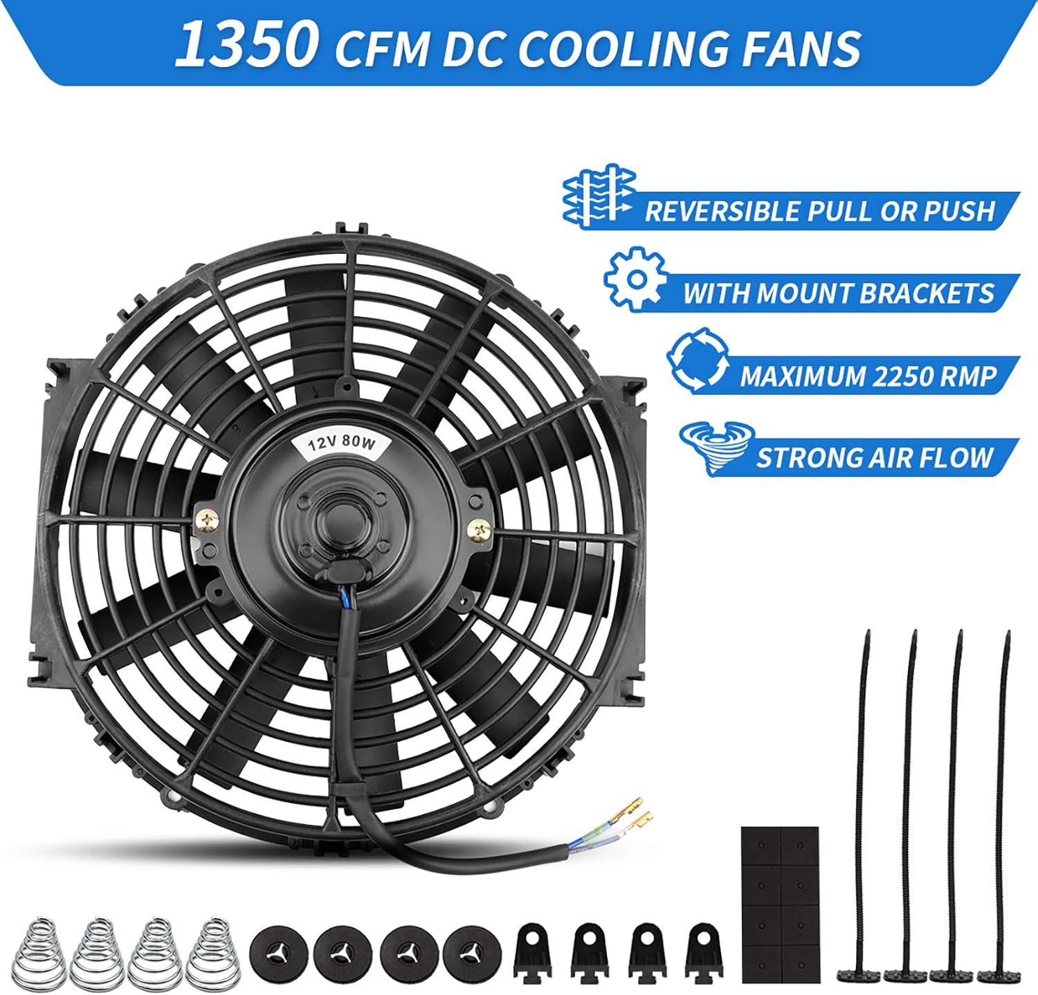 2x10 Inch Electric Radiator Cooling Fan 1350 CFM 12 Volts 80 Watts Pack of 2 U810517