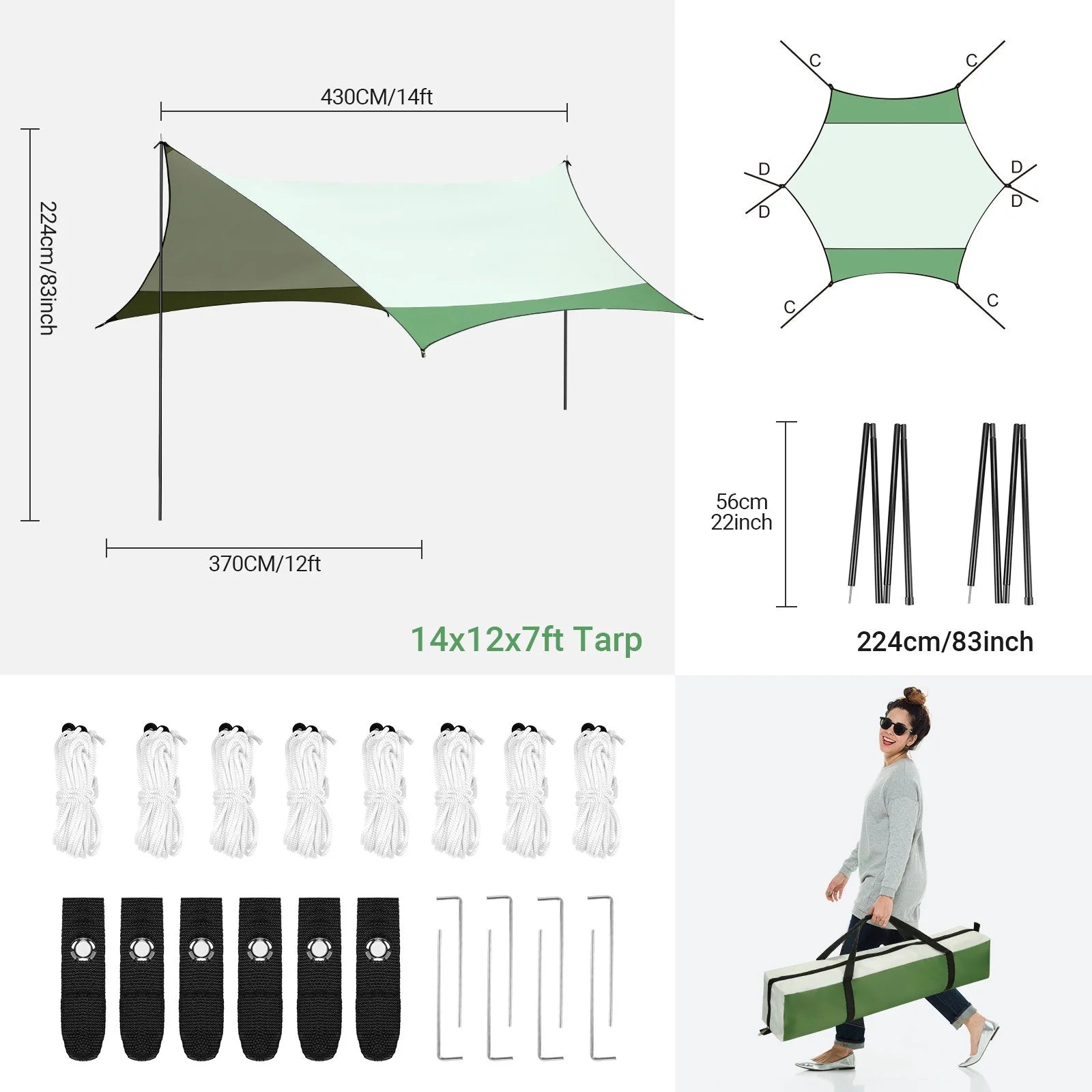 12 x 14ft Waterproof Camping Tent Tarp with 2 Poles X613