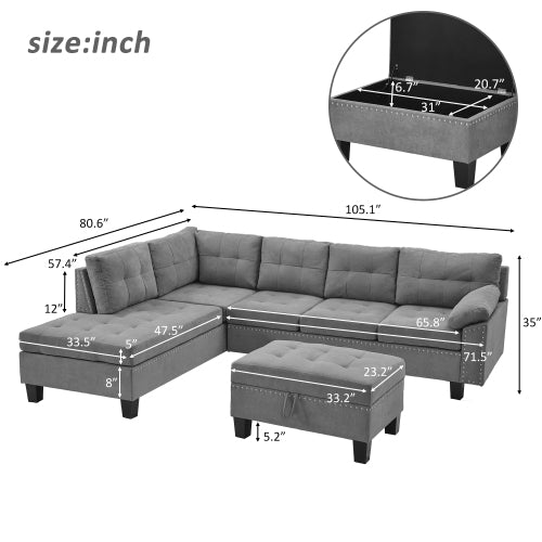 Grey Sectional Sofa Set with Chaise Lounge and Storage Ottoman Q3259