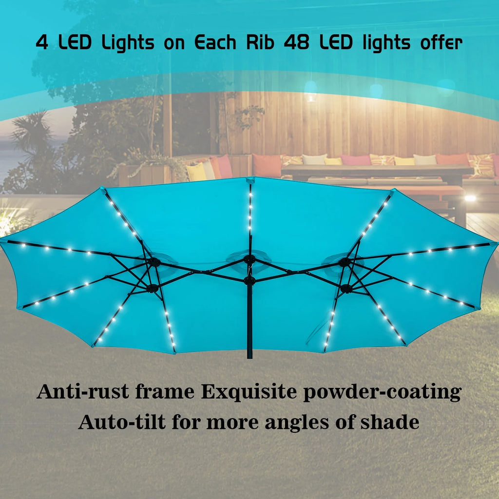 15ft Double-Sided Patio Solar Umbrella with Tilt and Crank, Blue T345763
