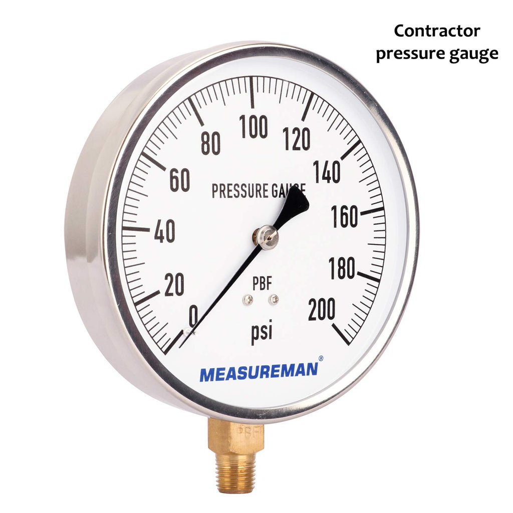 304 Stainless Steel Case Pressure Gauge, 0-200Psi, 4-1/2 Dial Size, 1/4 NPT Lower Mount U437035
