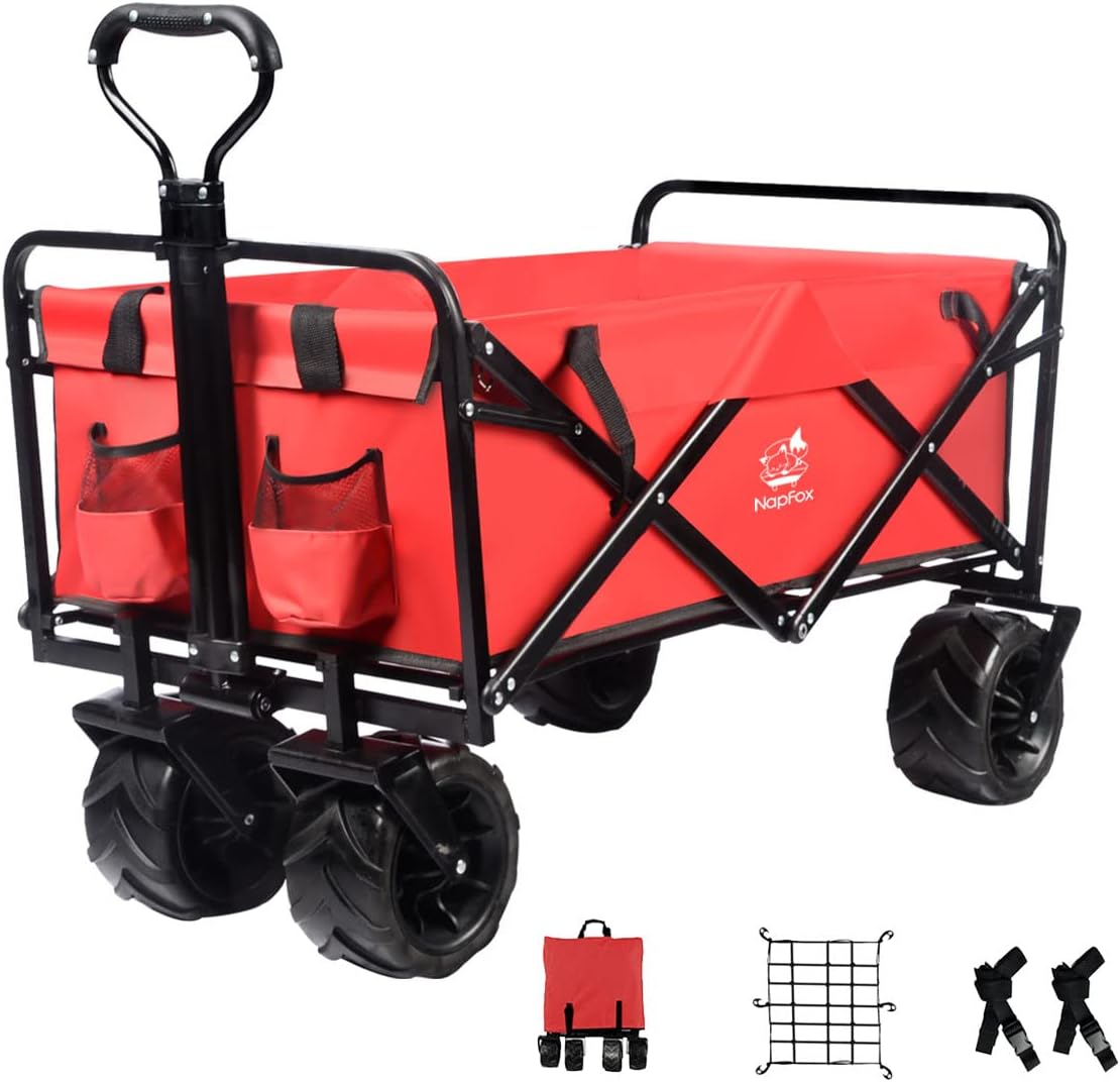 Red Heavy Duty Folding Beach Wagon Cart with Universal Wheels Adjustable Handle I877776