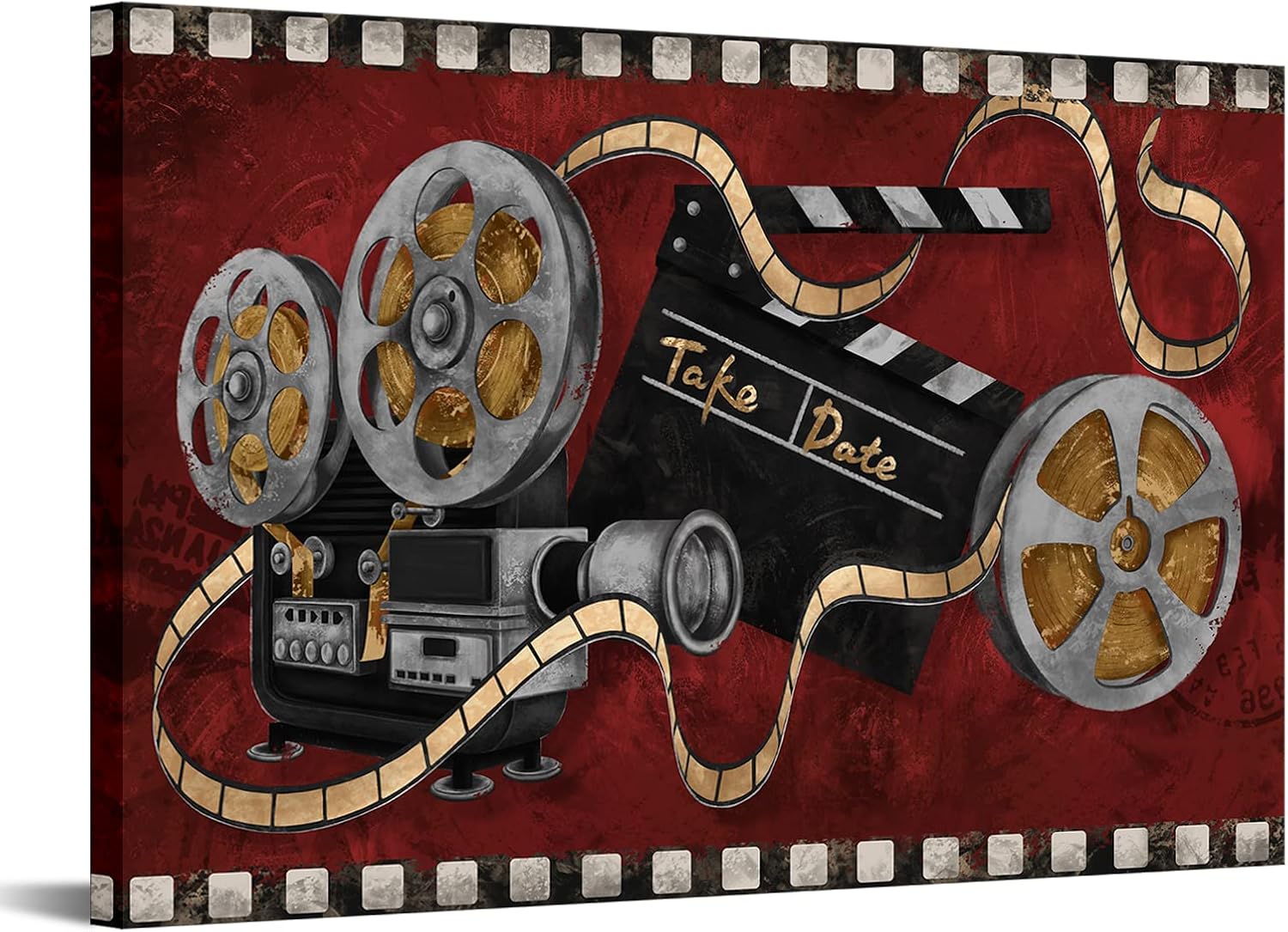 Large Black and Red Canvas Painting Movie Projector Film Reels Artwork Ready to Hang L600