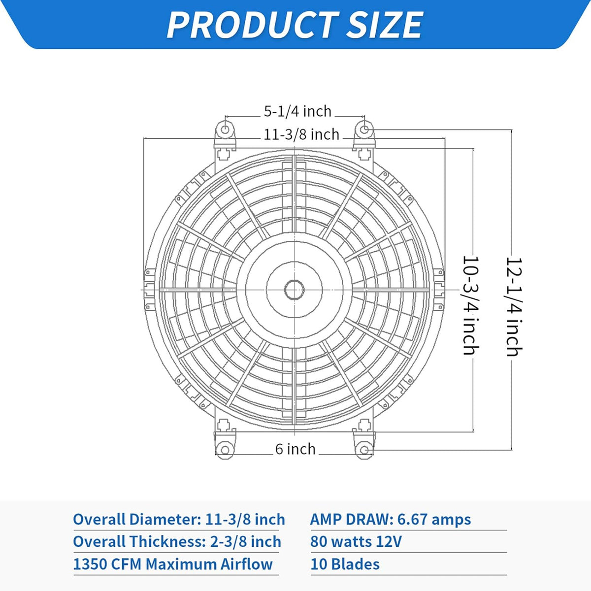 2x10 Inch Electric Radiator Cooling Fan 1350 CFM 12 Volts 80 Watts Pack of 2 U810517