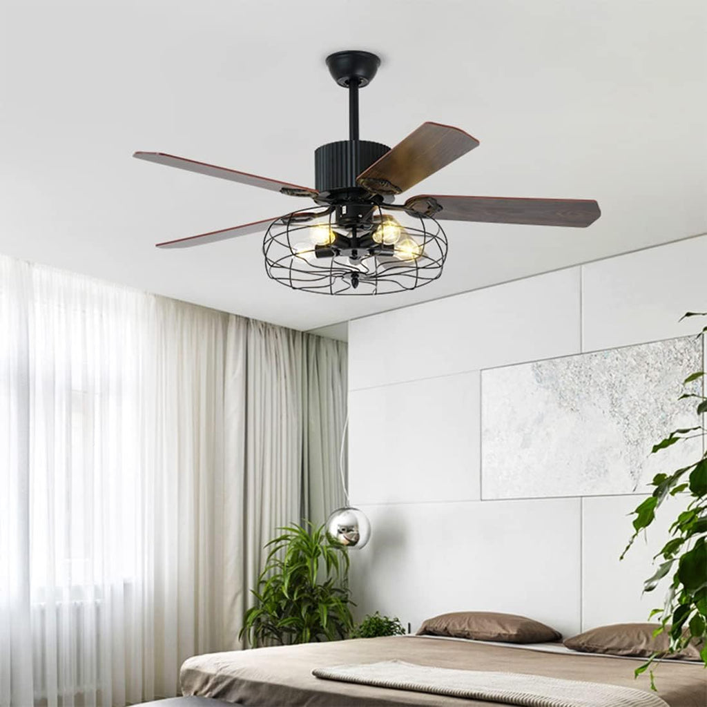 Black Industrial Ceiling Fan with Light and Remote, 5 Wood Blades, 5-Lights E26 R1419