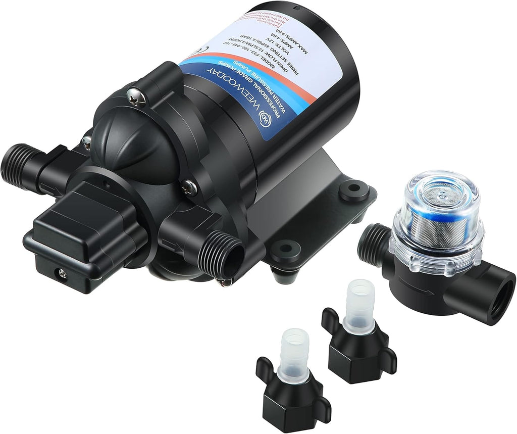 Diaphragm Water Pump 12V with Pressure Switch 3.5 GPM 45 PSI Self Priming RV DC Washdown Pump with Fittings Strainer Filter A84824