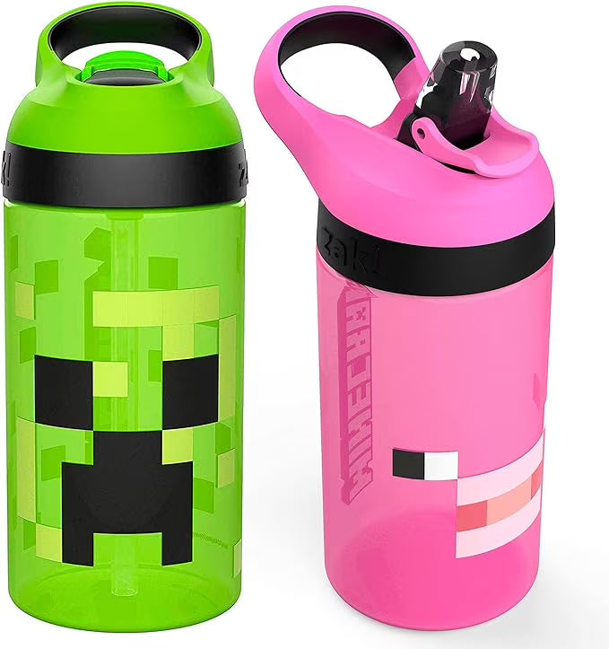 Minecraft 16 oz BPA-Free Plastic Kids Water Bottle with Straw, 2pc Set W5885