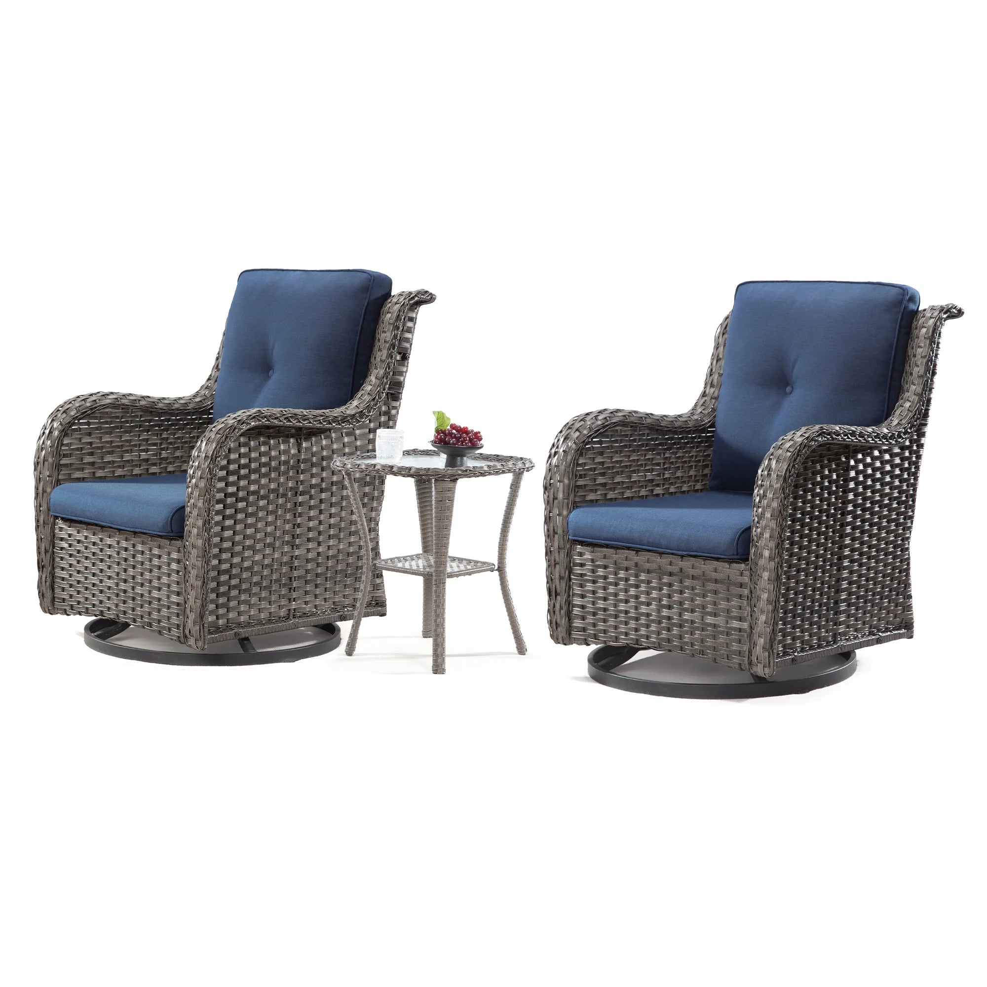 Blue Wicker Patio Swivel Rocker Chairs Set of 2 with Table K195
