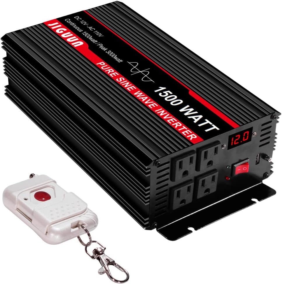 Pure Sine Wave Inverter 1500 Watt DC 12V to AC 120V with LCD, 4 AC Outlets & USB Output, 170ft Wireless Control R23525