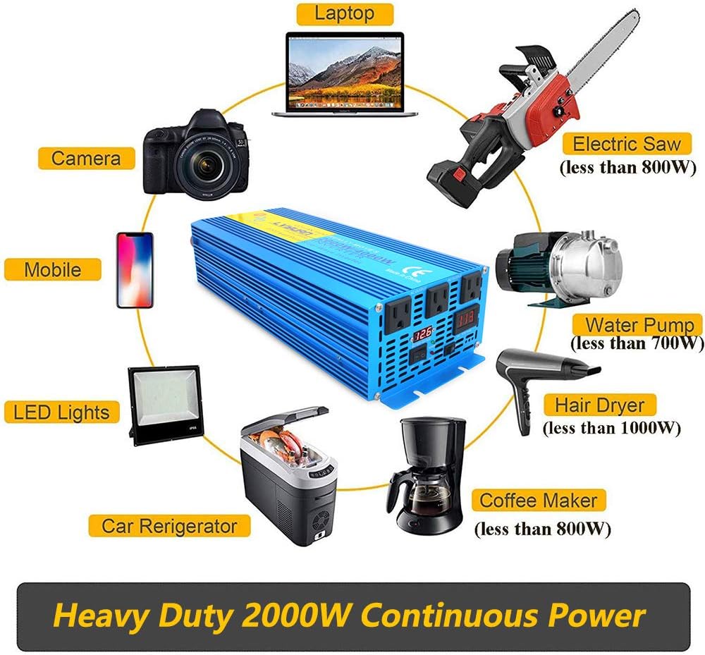 2000W Pure Sine Wave Power Inverter 12V DC to 110V AC with LED Display 3 AC Outlets V87735