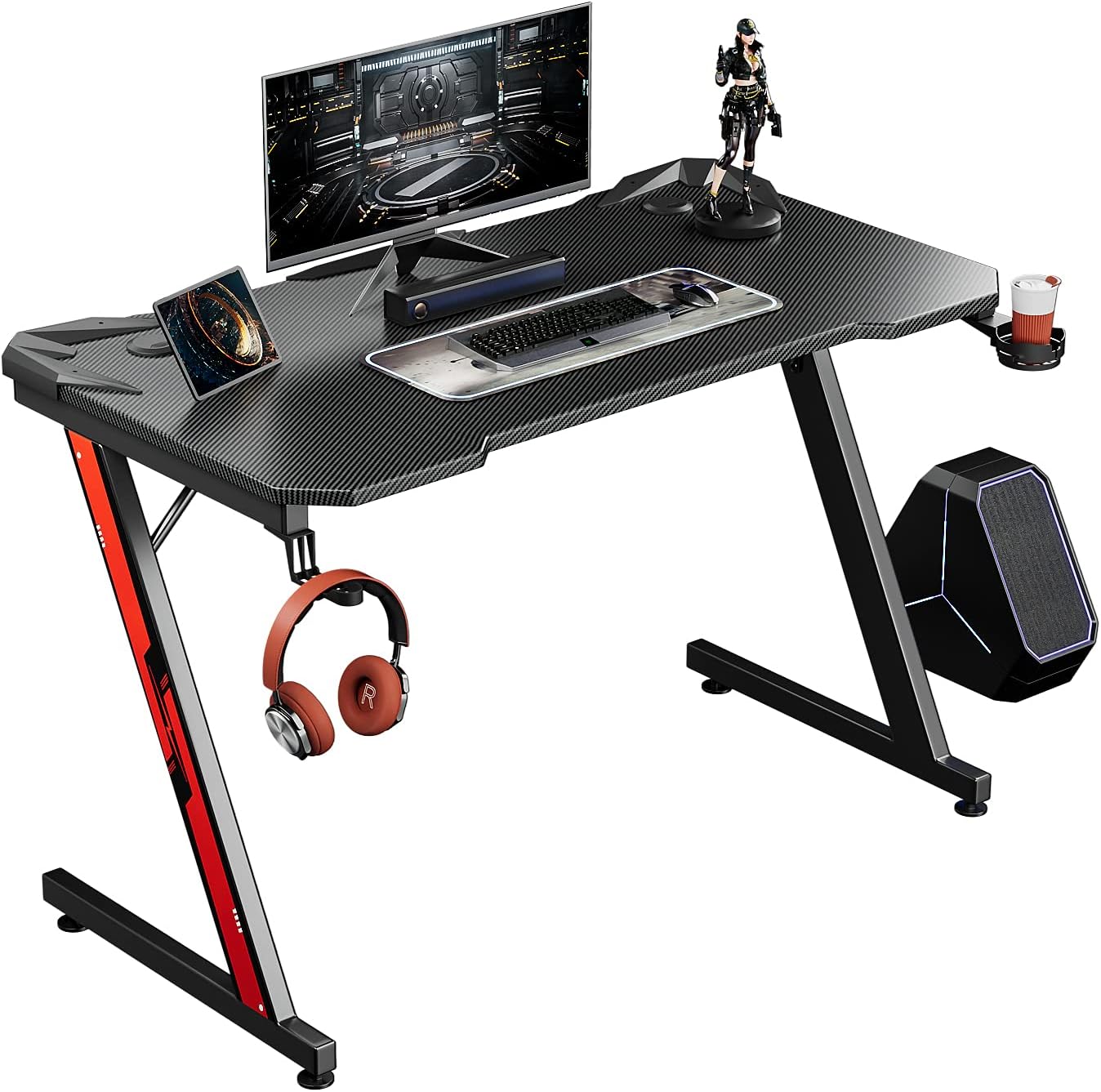 Black 44 Inch Gaming Desk with Cup Holder and Headphone Hook I97781