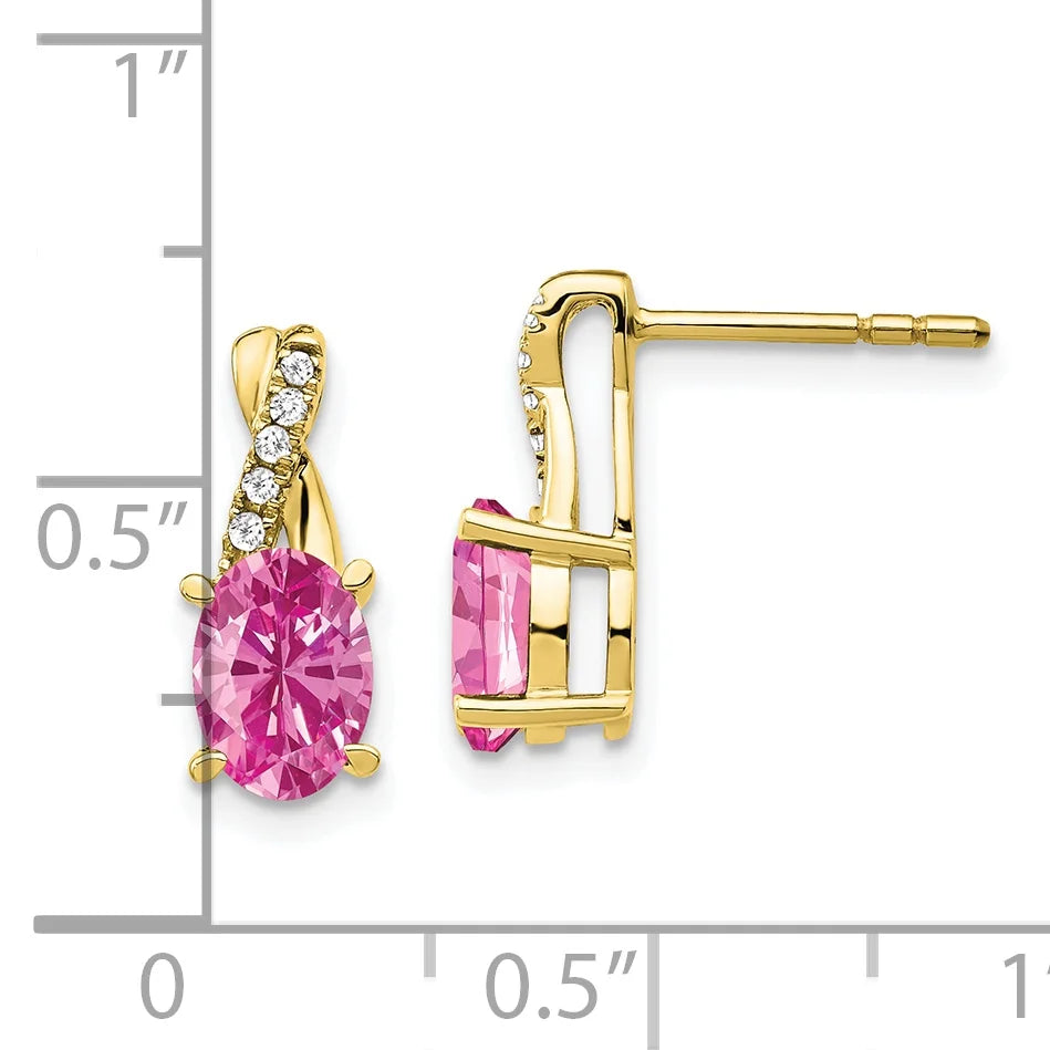10K Yellow Gold Created Pink Sapphire and Diamond Earrings S9897