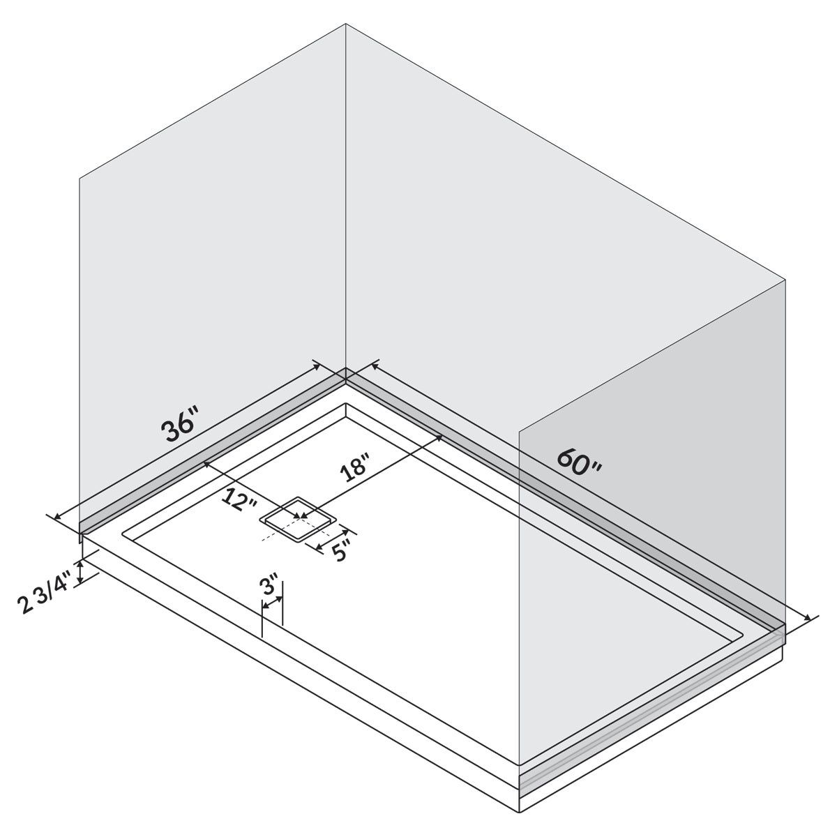 60 x 36 Left Double Threshold Shower Pan Base Wall Corner Left Drain O761111