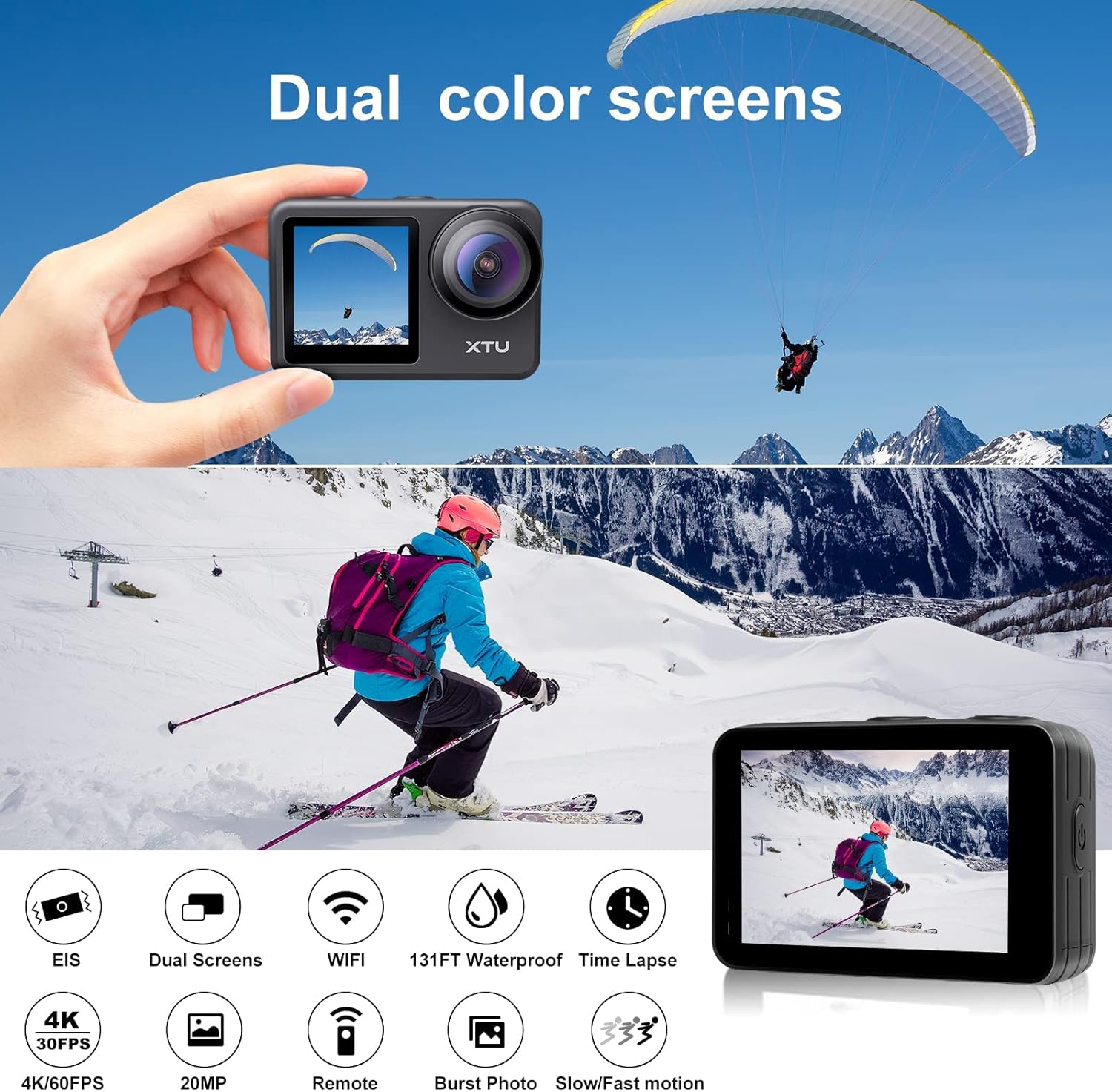 4K60FPS WiFi Action Camera with Dual Touch Screen Display H9672