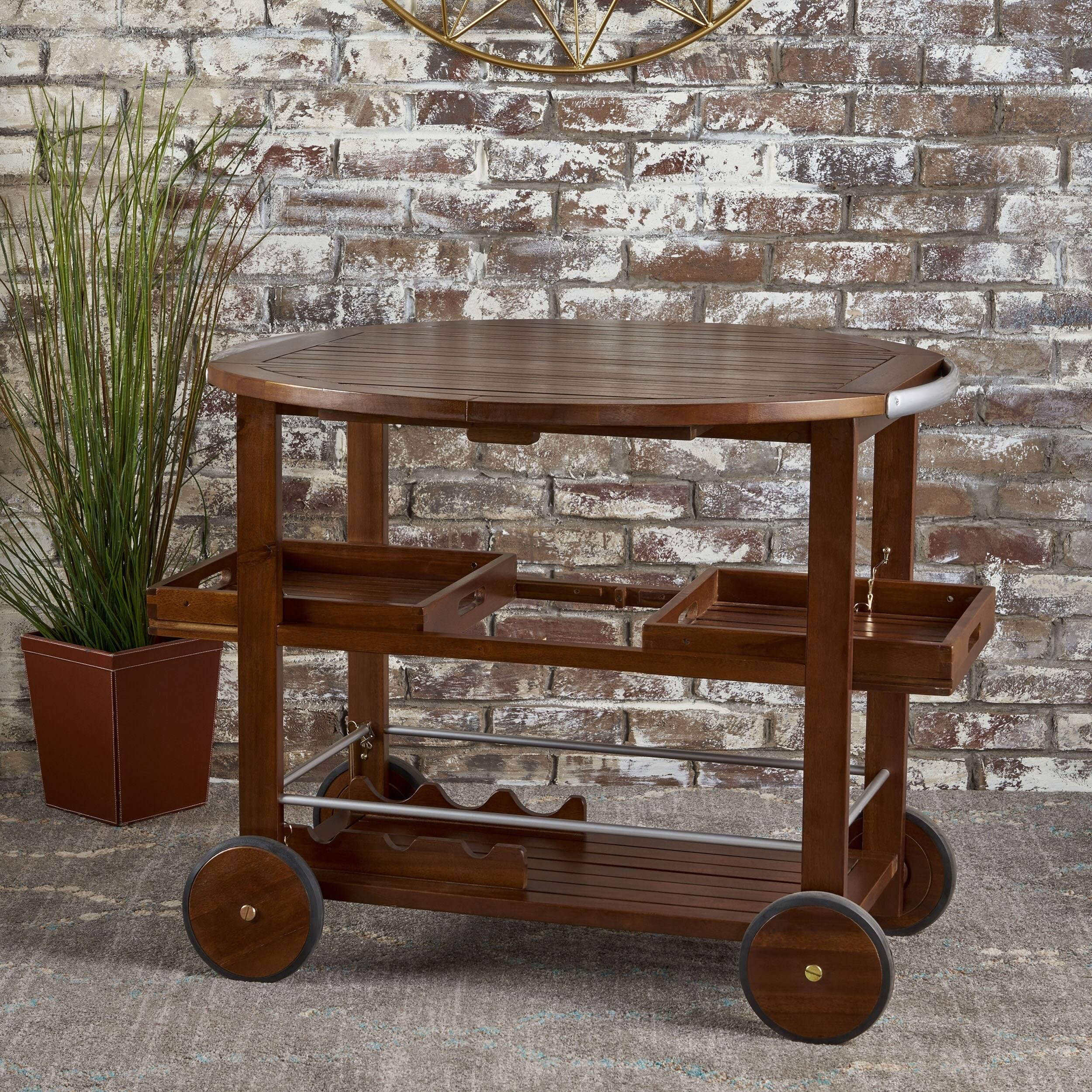 Farmhouse Cottage Acacia Wood Bar Cart with Drop Leaf N25181