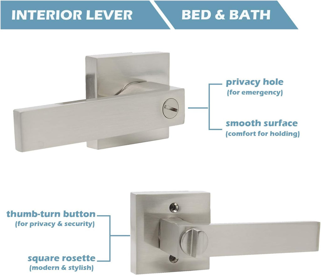 Satin Nickel Square Privacy Door Handles Leverset Lockset 10Pack N35760