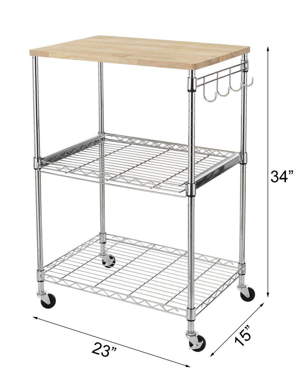 3-Tier Wire Rolling Kitchen Cart with Oak Cutting Board and Chrome Z995809