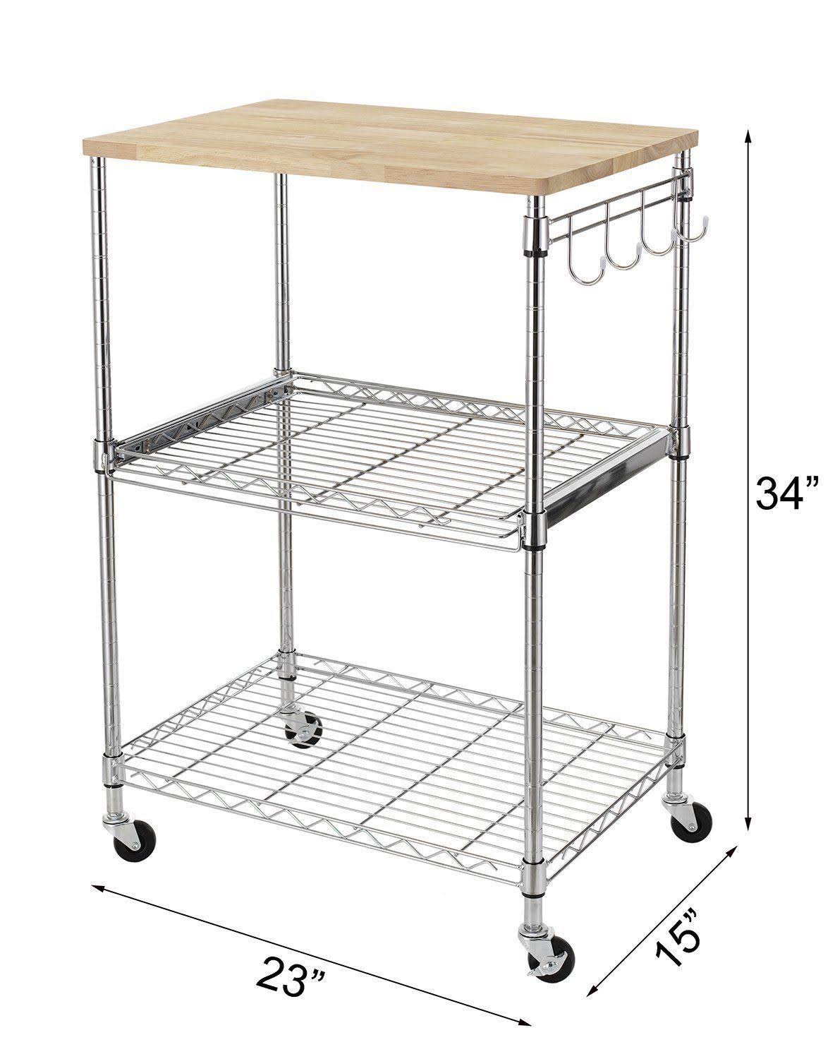 3-Tier Wire Rolling Kitchen Cart with Oak Cutting Board and Chrome Z995809