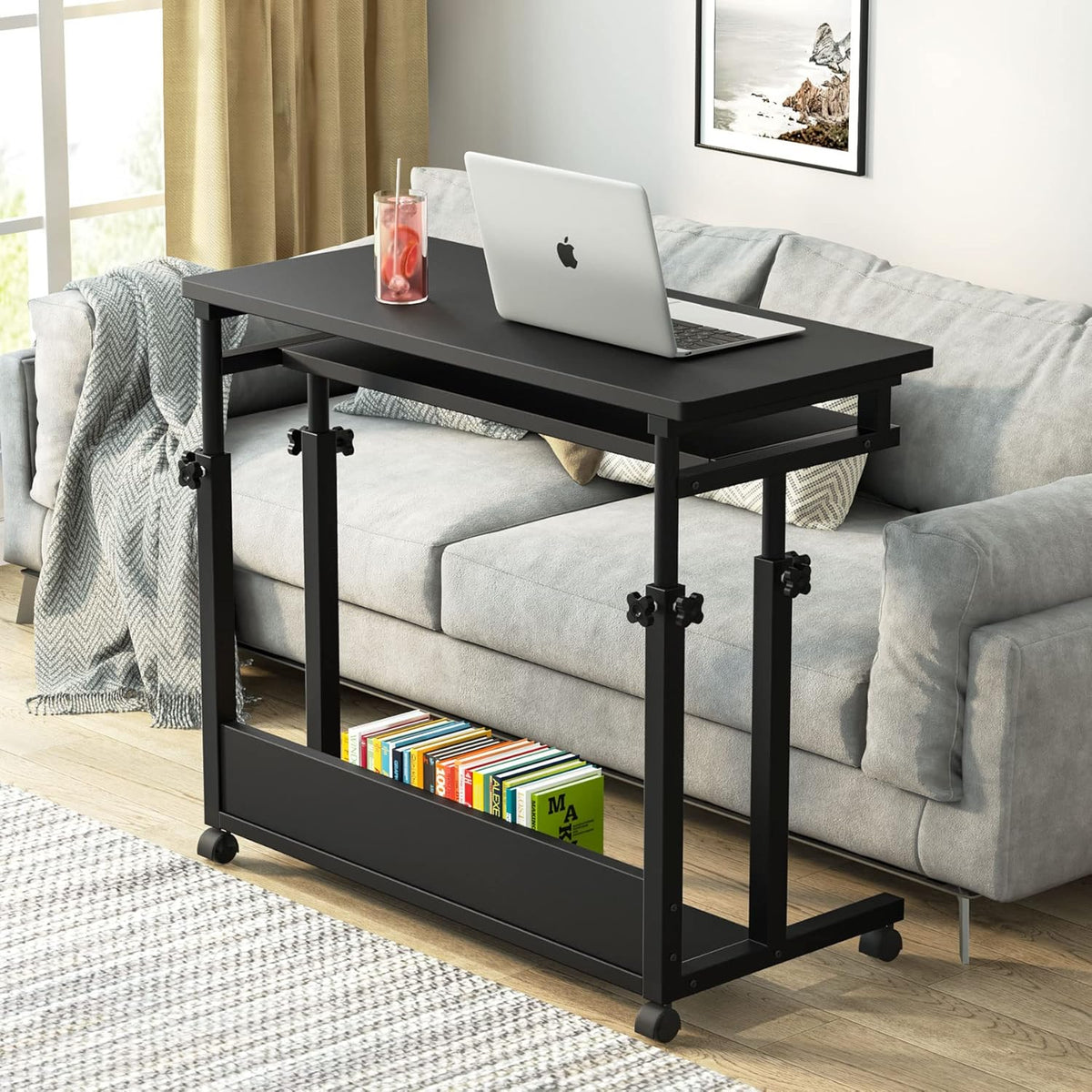 Black Height Adjustable Rolling Computer Desk with Keyboard Tray K470449